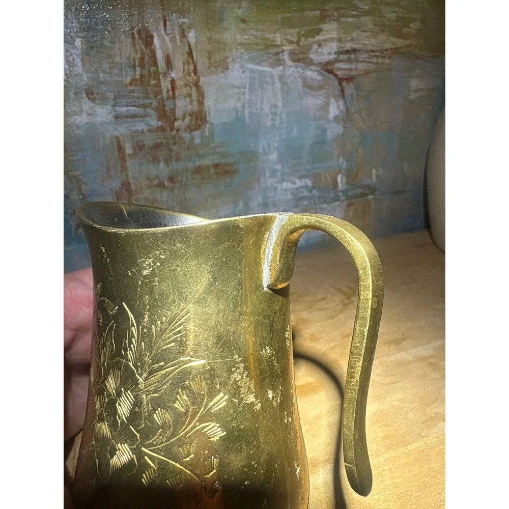 Vintage Etched Brass Floral Pitcher Tin Lined Decorative Gold Jug 5 Inch